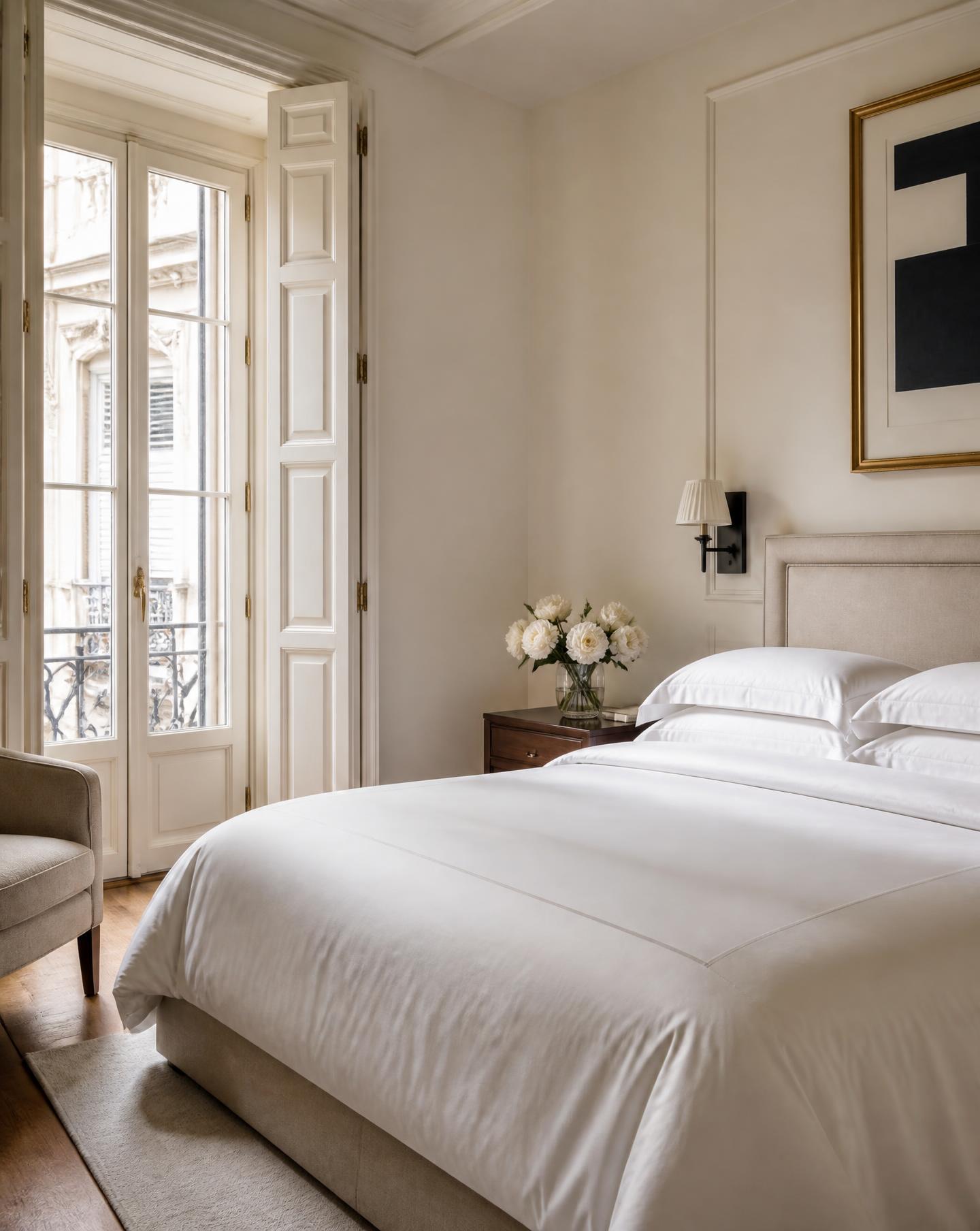 Dormitorio con ropa de cama impecable y flores frescas