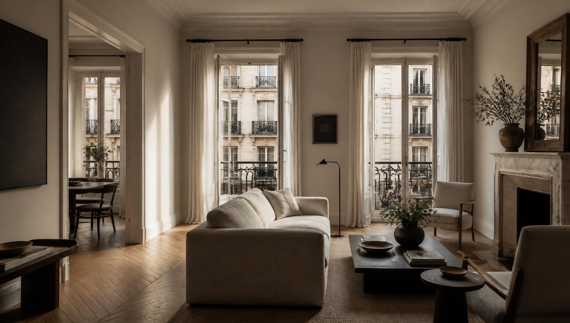 Interior de una vivienda elegante en Madrid con balcones a la calle