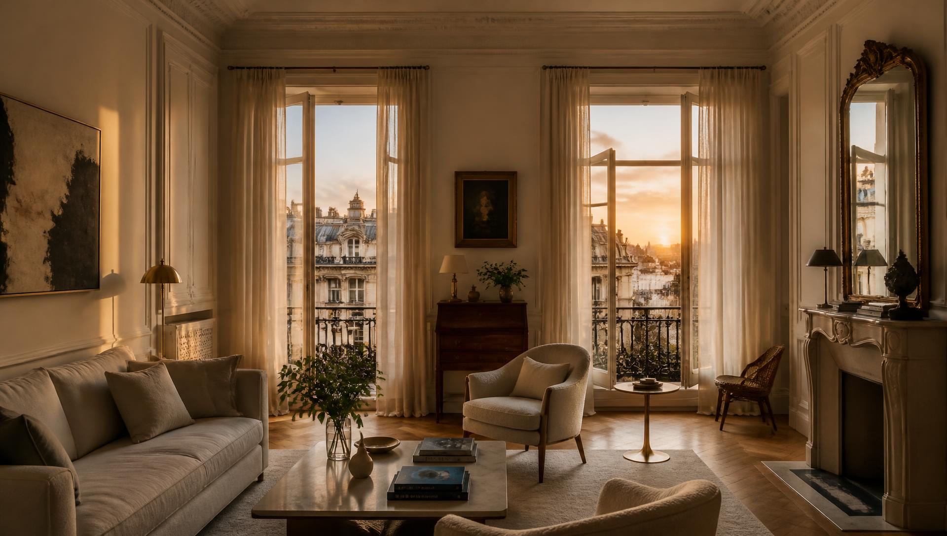 Salón de un apartamento madrileño al atardecer