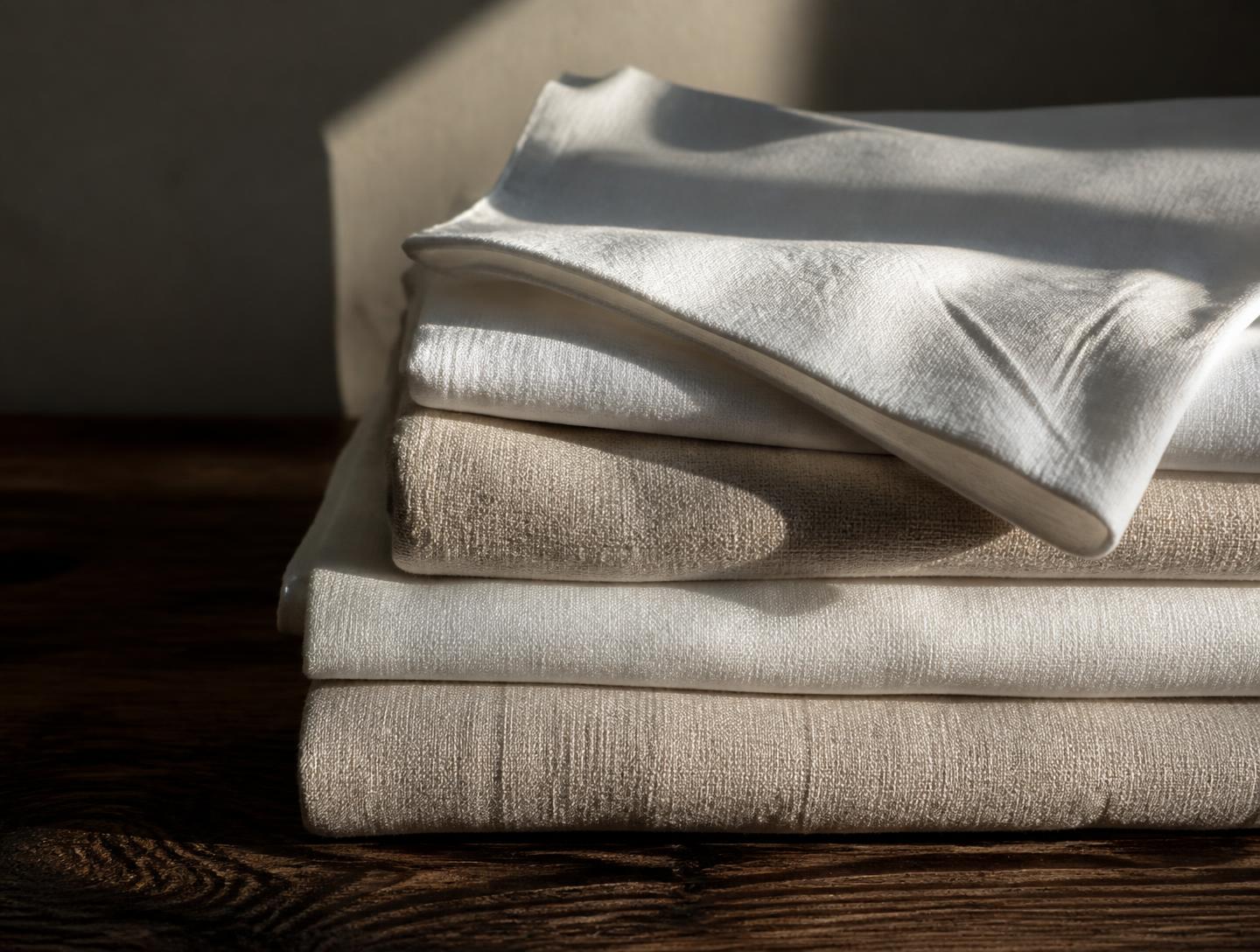 Ropa de casa cuidadosamente doblada sobre madera oscura