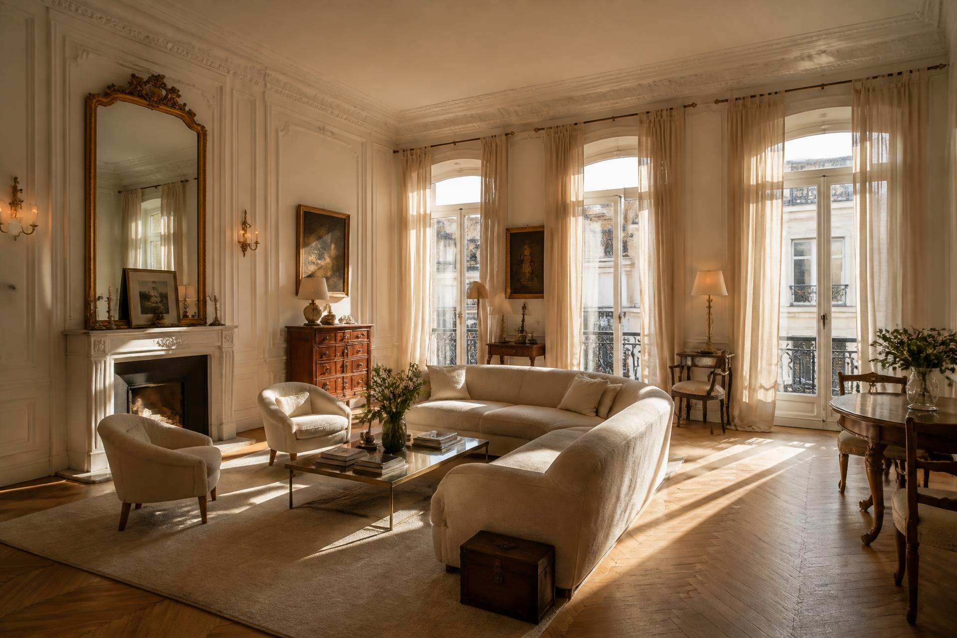 Salón de una residencia madrileña con techos altos y luz de tarde