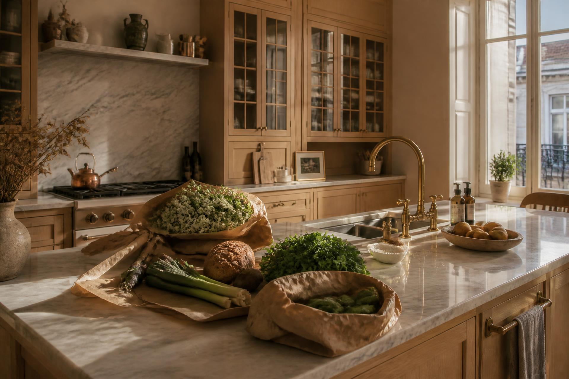 Cocina elegante con compra fresca y flores preparadas antes de la llegada