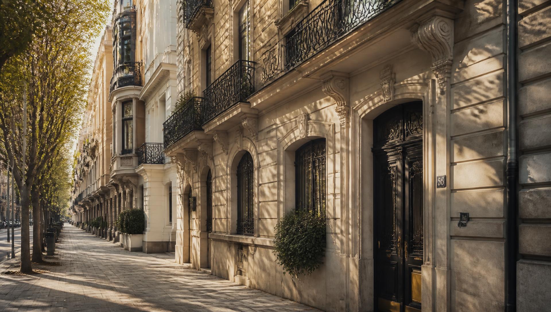 Calle residencial de Madrid con fachadas de piedra y balcones de hierro