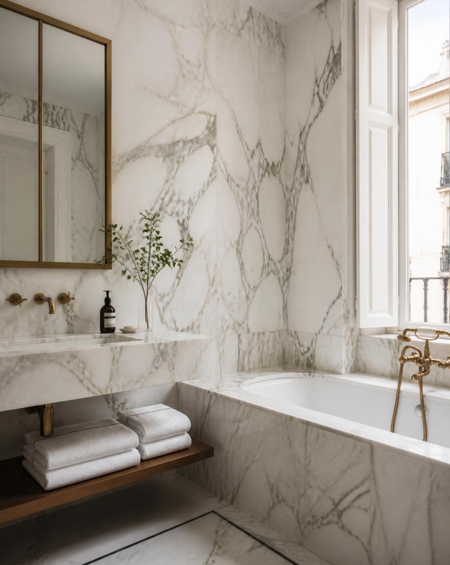 Baño de mármol con toallas de lino dobladas